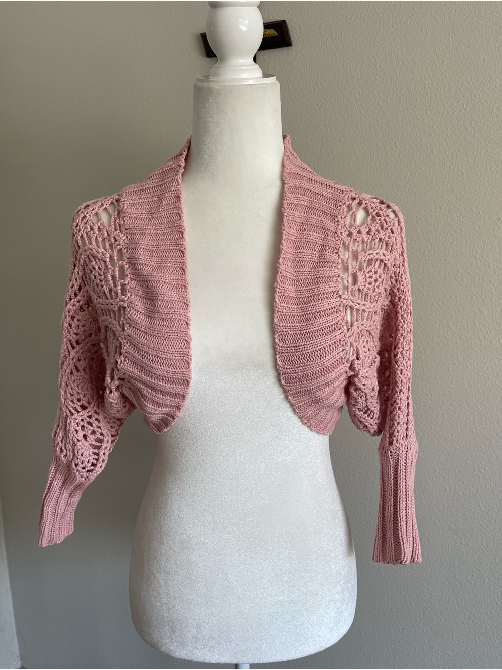 Sans Souci Pink Crochet Open-Front Bolero Cardigan